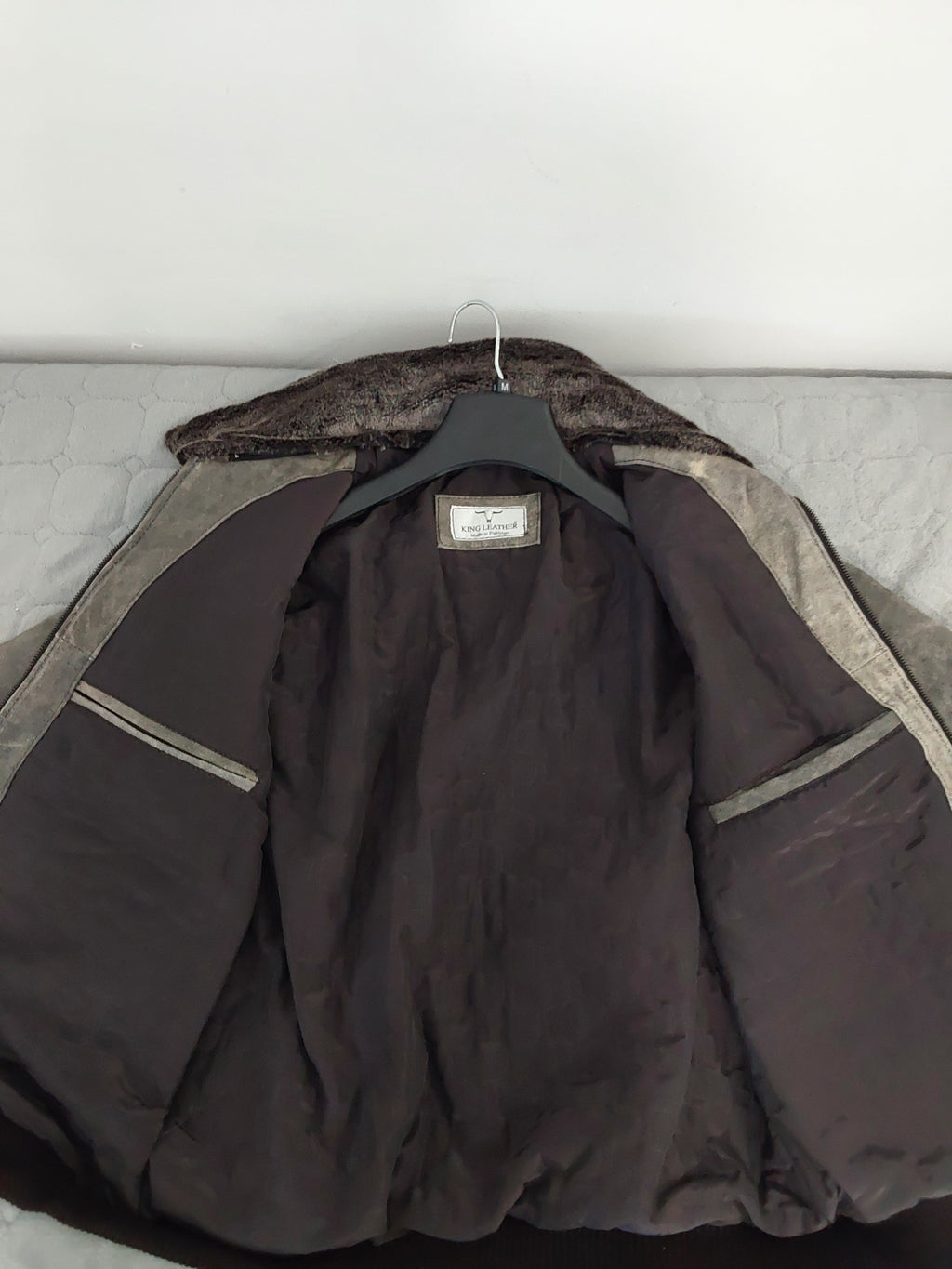 King leahter Vintage Leaderjacke graue Herren Winter Jacke, Bikerjacke (Größe m)