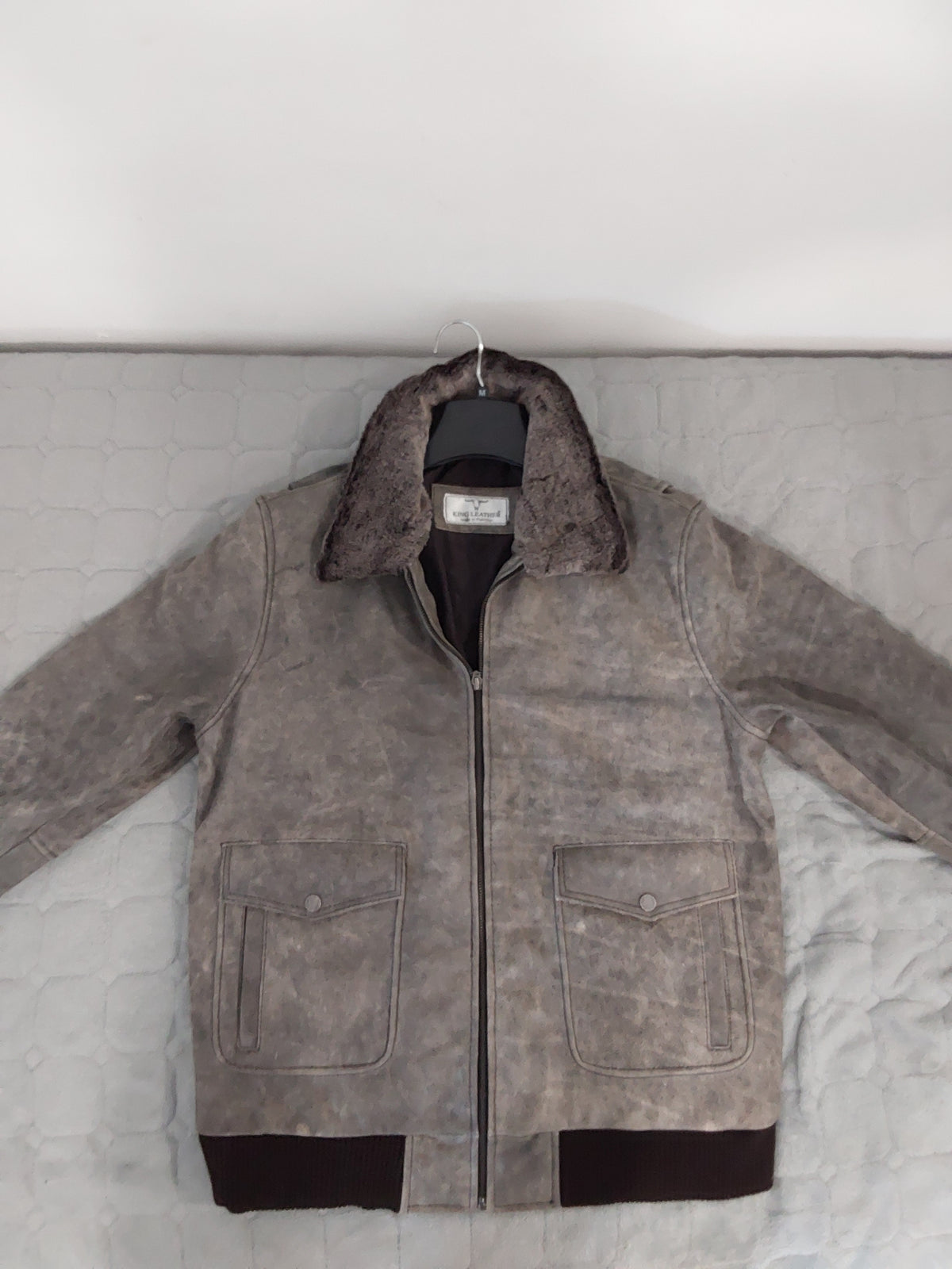 King leahter Vintage Leaderjacke graue Herren Winter Jacke, Bikerjacke (Größe m)